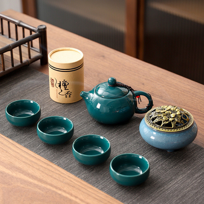 Элегантный китайский чайный набор Celadon Shih Tzu Pot с четырьмя чашками и сандаловым фимиамом