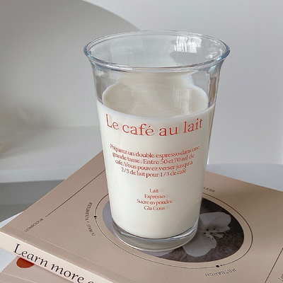 350мл Ins Fashion Text Print Glass Cup for Retro Water Cup Ice Coffee Latte Tea Juice Cup (Стеклянная чашка для ретро-водяной чашки)